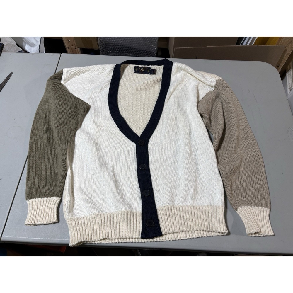 Vtg Lake Harmony Cardigan Sweater Men's Colorblock Beige‎ Grandpa Cotton Large